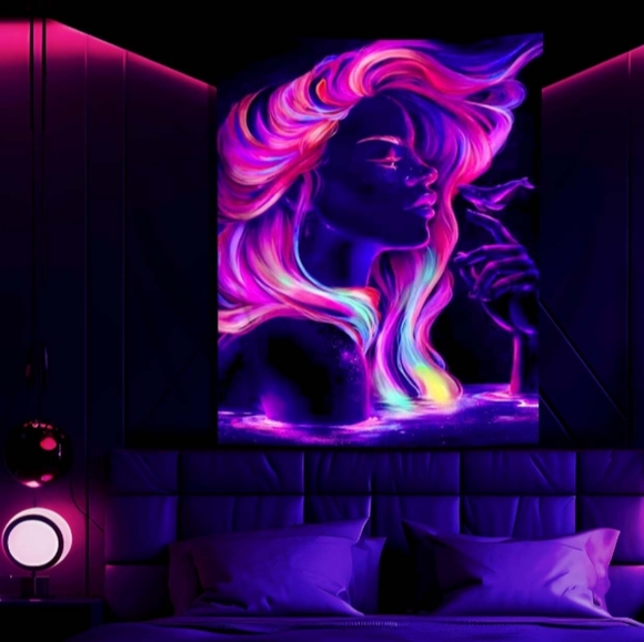 Boutique Wall Decor Xl Trippy Blacklight Girl W Wavy Hair Colorful